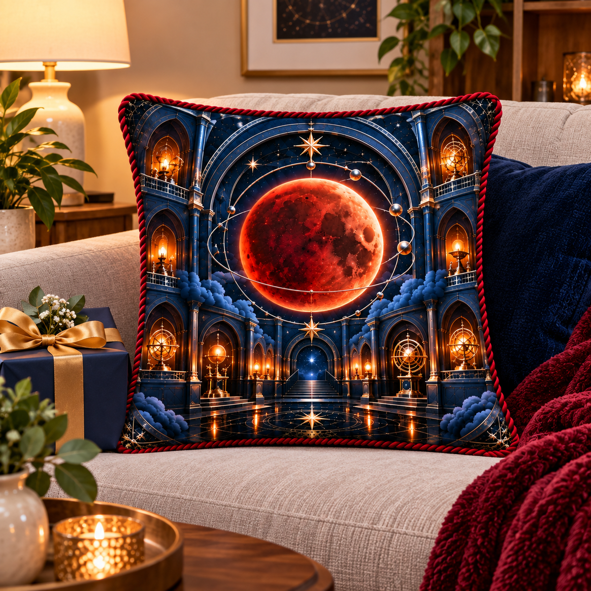 Lunar Eclipse New Home Quilted Cushion Cover with printed optical 3D artwork in its use setting