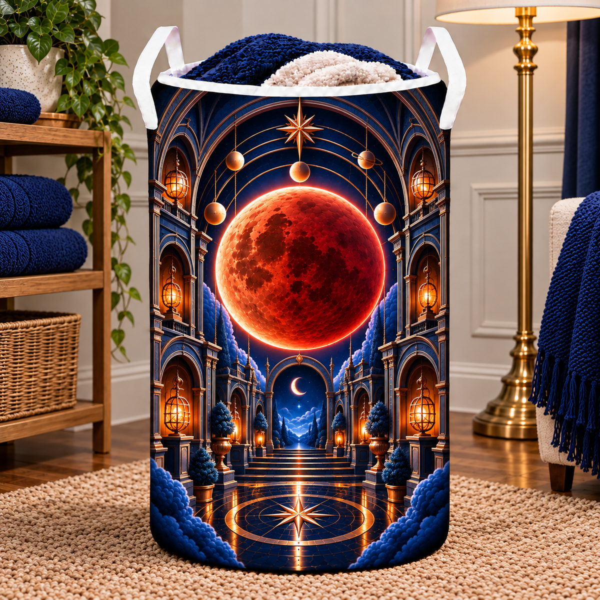 Lunar Eclipse New Home Laundry Hamper with printed optical 3D artwork in its use setting