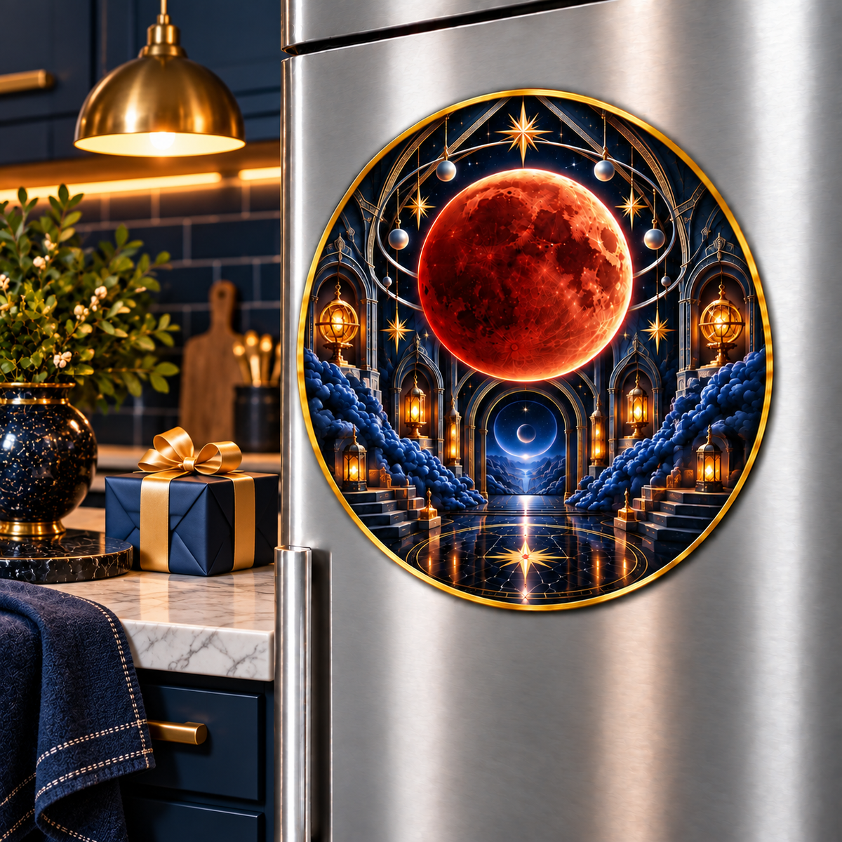 Lunar Eclipse New Home Acrylic Refrigerator Magnet with printed optical 3D artwork in its use setting