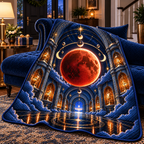 Lunar Eclipse New Home Quilt Blanket with printed optical 3D artwork in its use setting