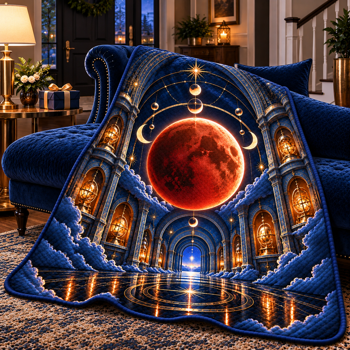 Lunar Eclipse New Home Quilt Blanket with printed optical 3D artwork in its use setting