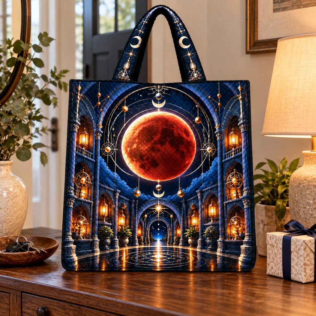 Lunar Eclipse New Home Quilted Tote Bag with printed optical 3D artwork in its use setting