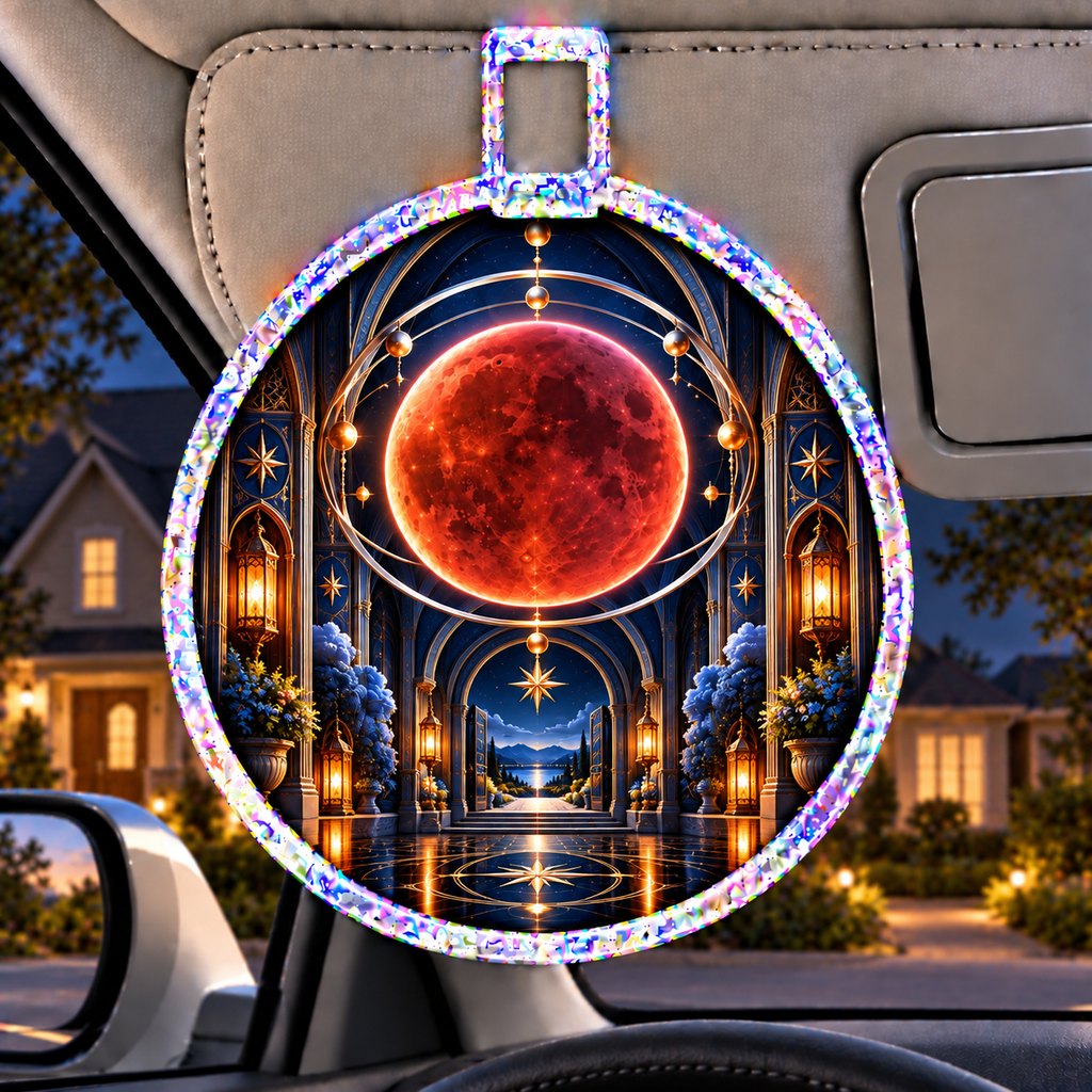 Lunar Eclipse New Home Holographic Car Visor Clip with printed optical 3D artwork in its use setting