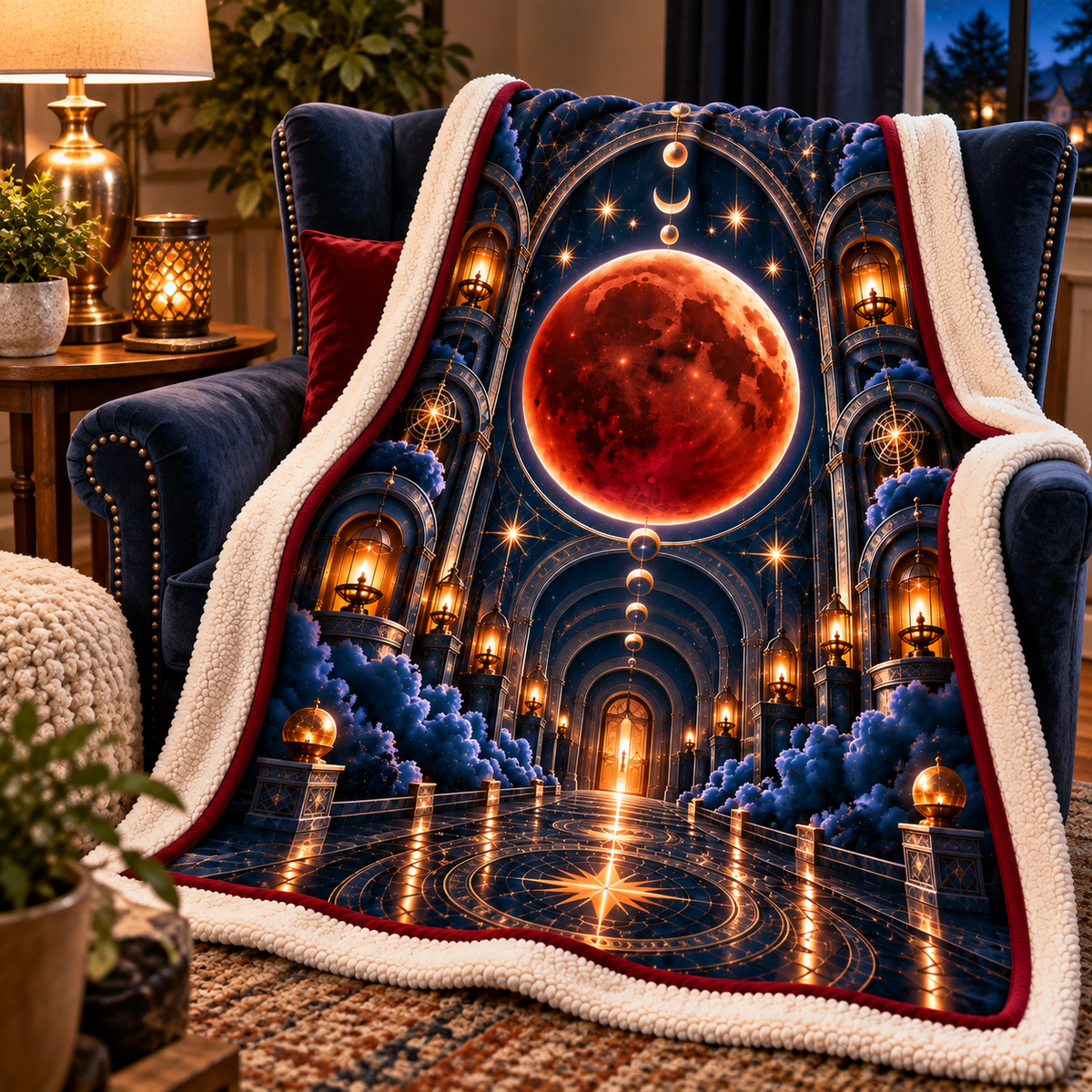 Lunar Eclipse Quiet Alcove Sherpa & Fleece Blanket with printed optical 3D artwork in its use setting