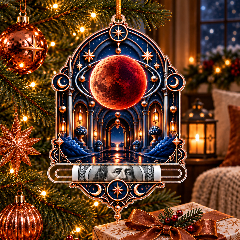 Lunar Eclipse Quiet Alcove Acrylic Cash Holder Ornament with printed optical 3D artwork in its use setting