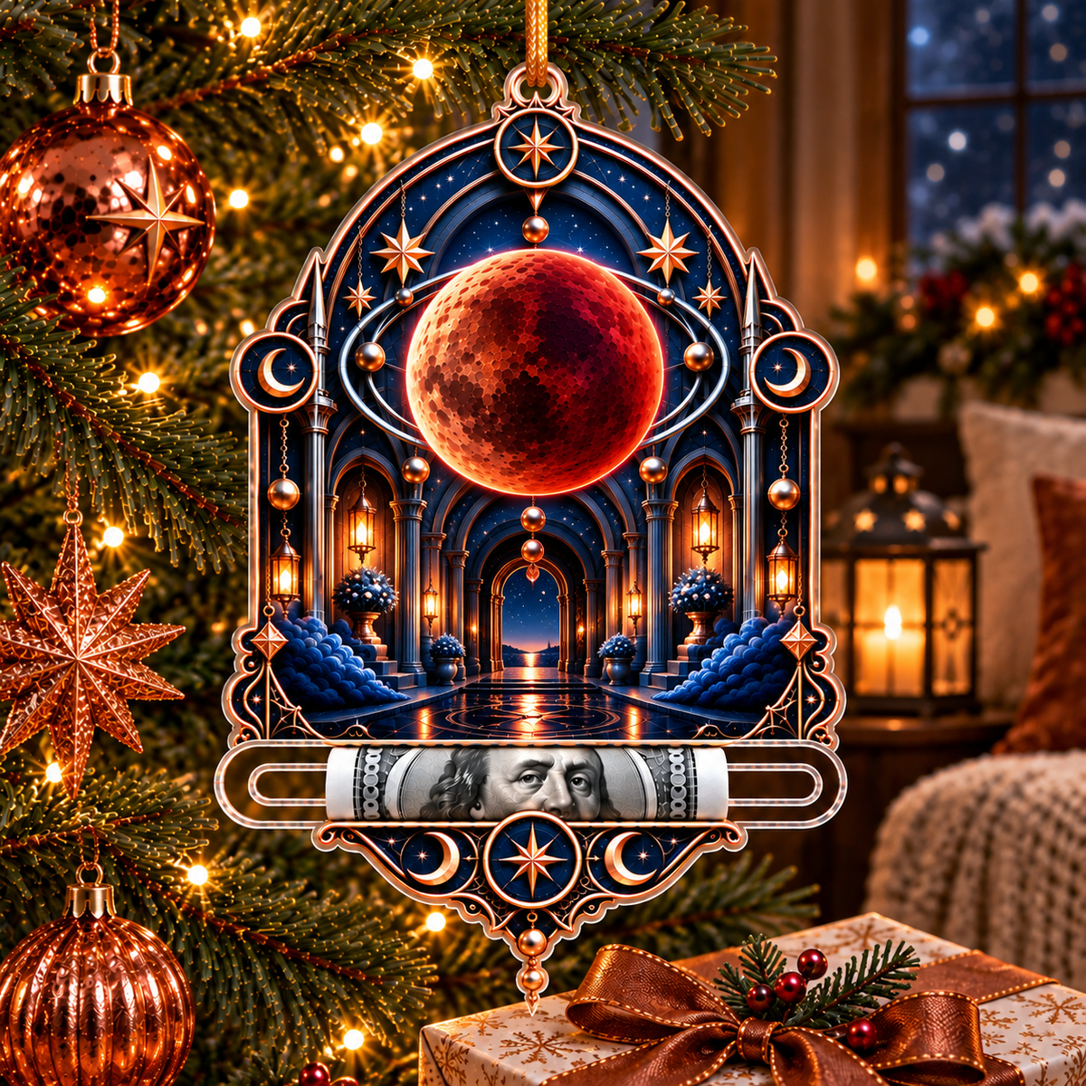 Lunar Eclipse Quiet Alcove Acrylic Cash Holder Ornament with printed optical 3D artwork in its use setting