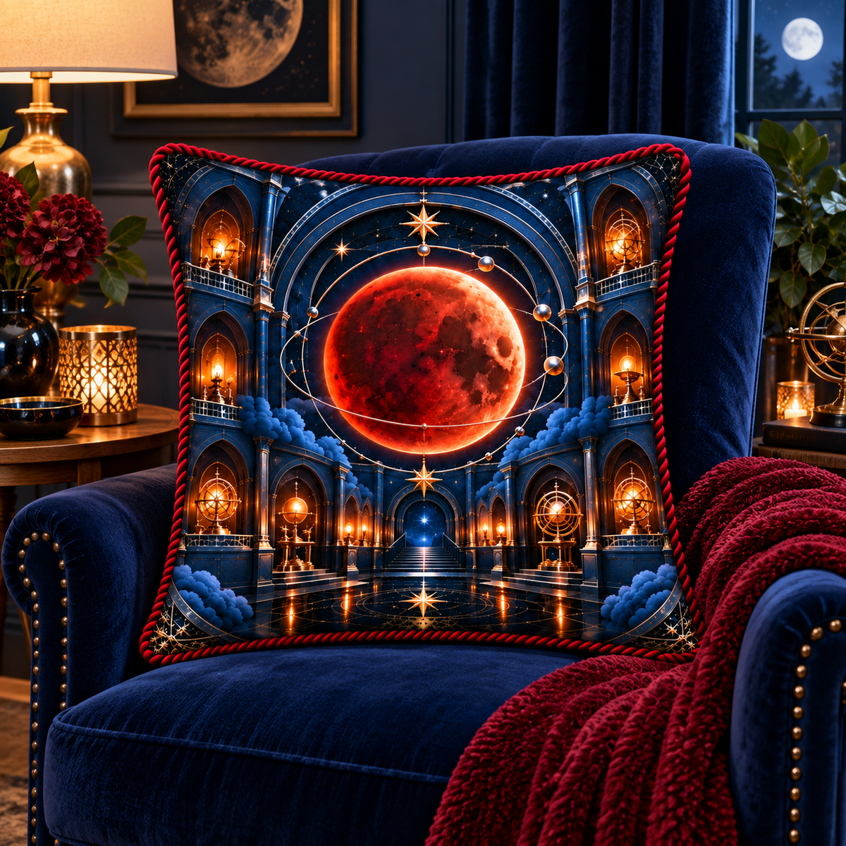 Lunar Eclipse Quiet Alcove Quilted Cushion Cover with printed optical 3D artwork in its use setting