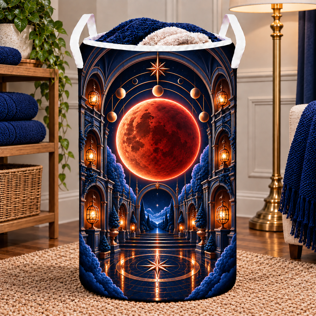 Lunar Eclipse Quiet Alcove Laundry Hamper with printed optical 3D artwork in its use setting
