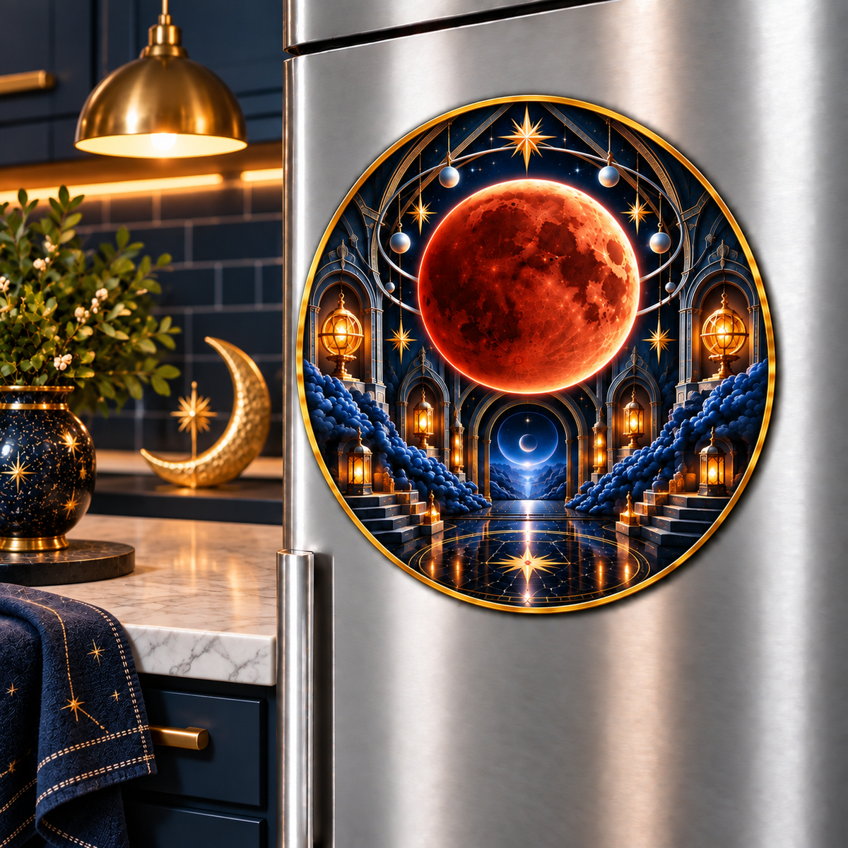 Lunar Eclipse Quiet Alcove Acrylic Refrigerator Magnet with printed optical 3D artwork in its use setting