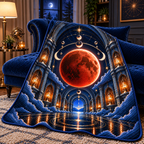 Lunar Eclipse Quiet Alcove Quilt Blanket with printed optical 3D artwork in its use setting
