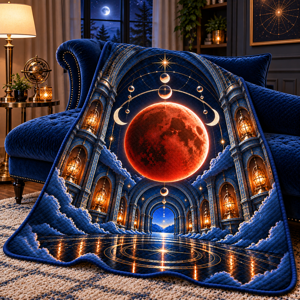 Lunar Eclipse Quiet Alcove Quilt Blanket with printed optical 3D artwork in its use setting