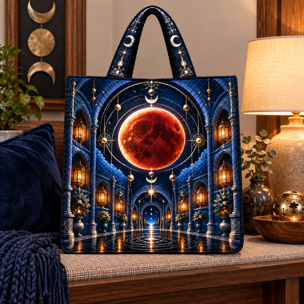 Lunar Eclipse Quiet Alcove Quilted Tote Bag with printed optical 3D artwork in its use setting