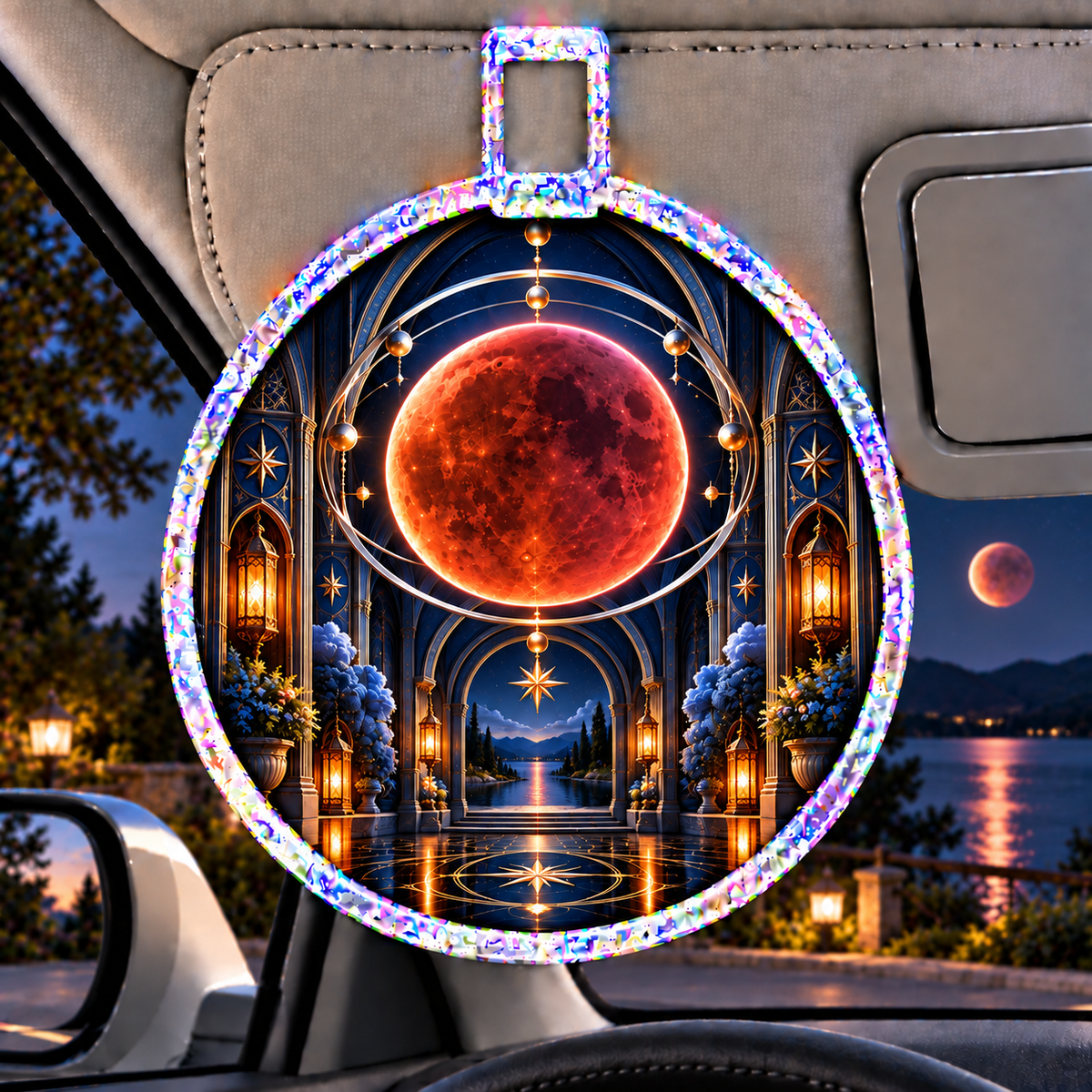 Lunar Eclipse Quiet Alcove Holographic Car Visor Clip with printed optical 3D artwork in its use setting