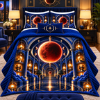 Lunar Eclipse Collector Vault Quilted Bedding Set with printed optical 3D artwork in its use setting