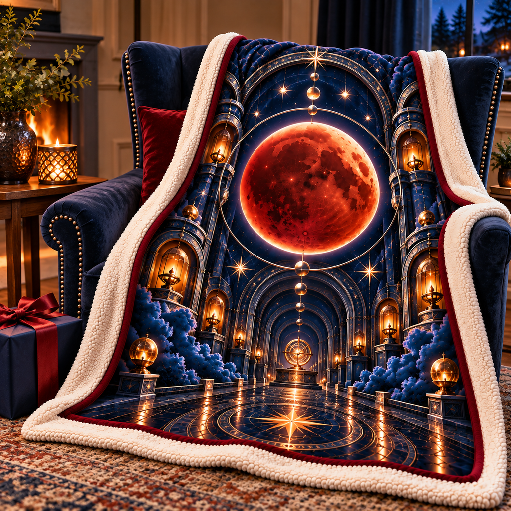 Lunar Eclipse Collector Vault Sherpa & Fleece Blanket with printed optical 3D artwork in its use setting