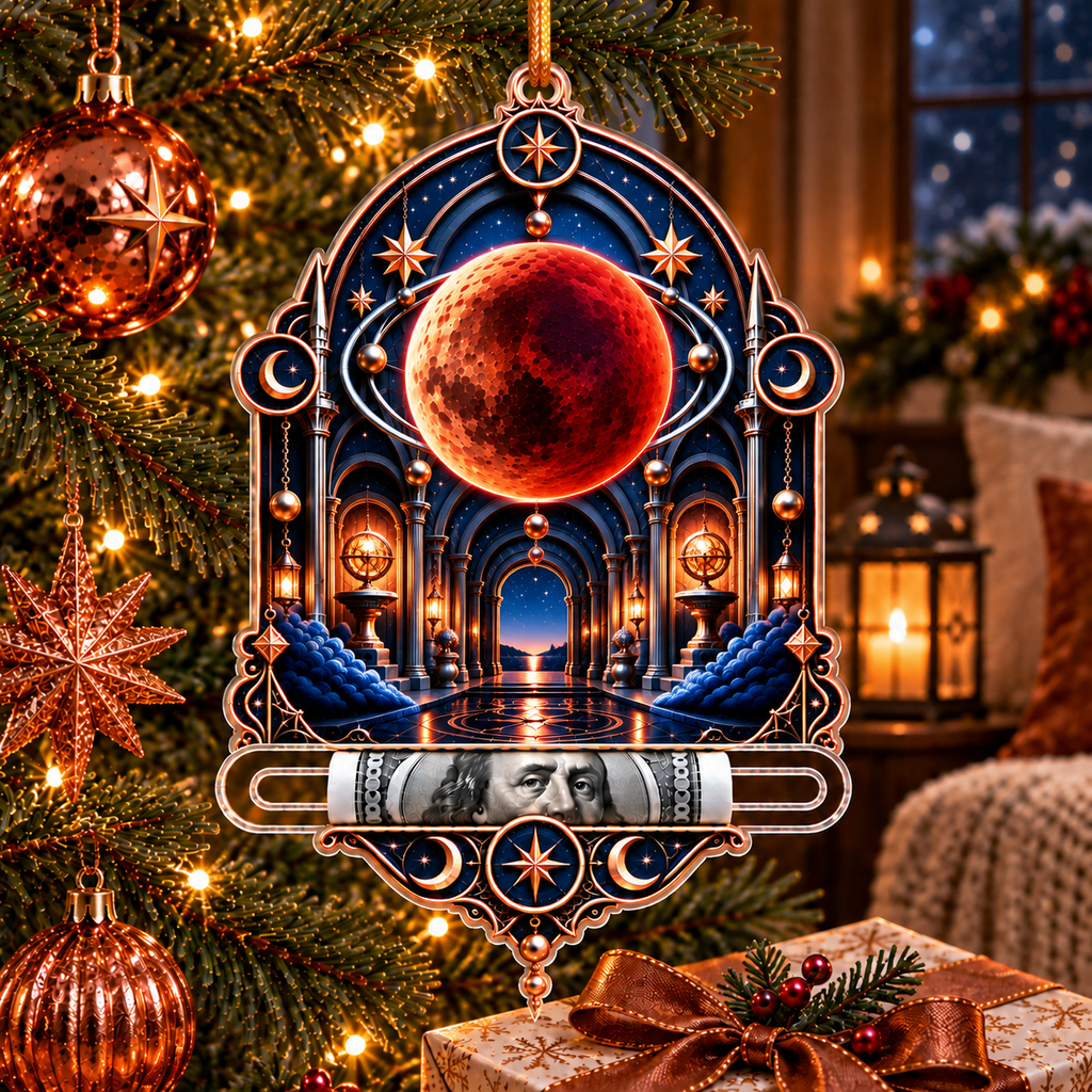 Lunar Eclipse Collector Vault Acrylic Cash Holder Ornament with printed optical 3D artwork in its use setting
