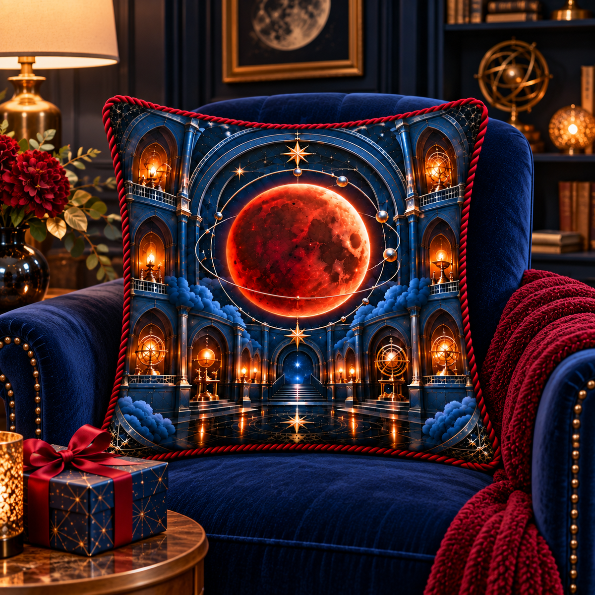Lunar Eclipse Collector Vault Quilted Cushion Cover with printed optical 3D artwork in its use setting