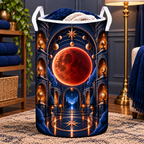 Lunar Eclipse Collector Vault Laundry Hamper with printed optical 3D artwork in its use setting