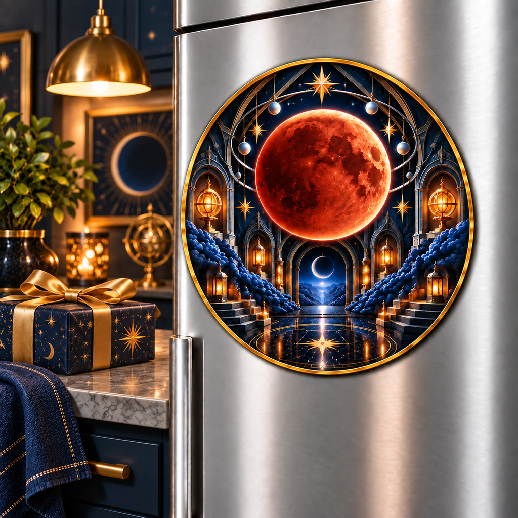 Lunar Eclipse Collector Vault Acrylic Refrigerator Magnet with printed optical 3D artwork in its use setting