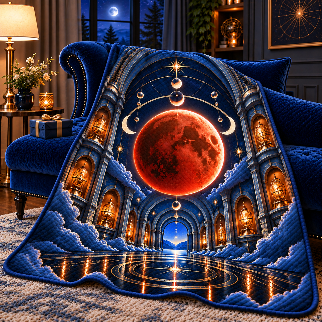 Lunar Eclipse Collector Vault Quilt Blanket with printed optical 3D artwork in its use setting