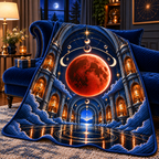 Lunar Eclipse Collector Vault Quilt Blanket with printed optical 3D artwork in its use setting