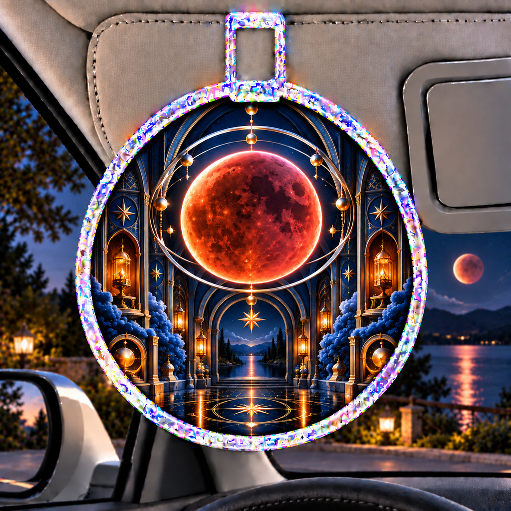 Lunar Eclipse Collector Vault Holographic Car Visor Clip with printed optical 3D artwork in its use setting