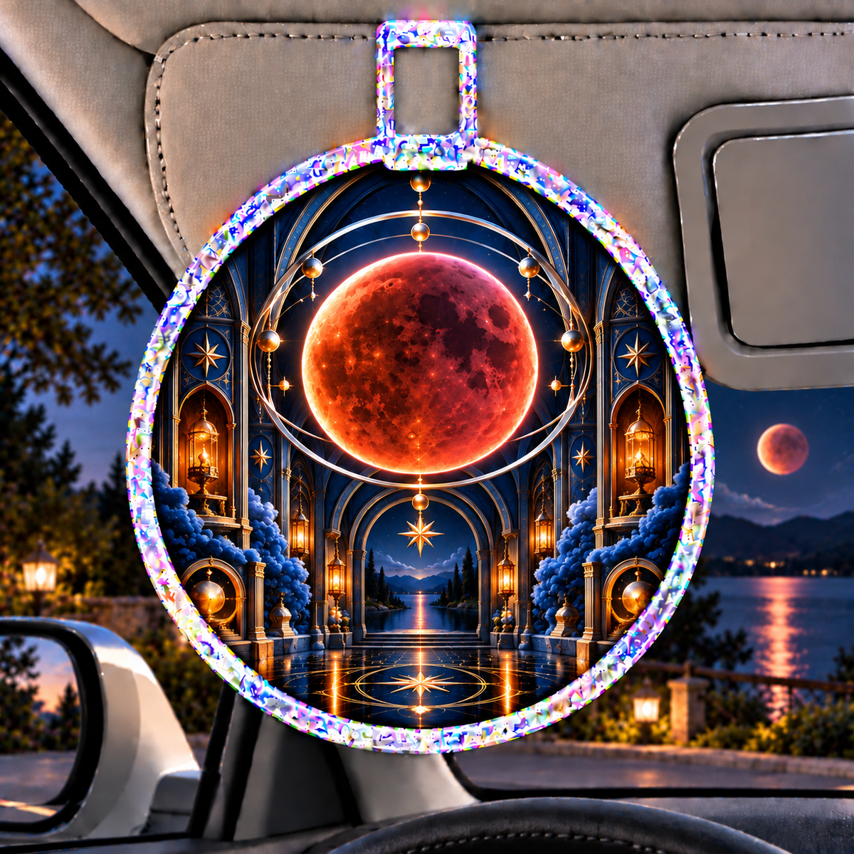 Lunar Eclipse Collector Vault Holographic Car Visor Clip with printed optical 3D artwork in its use setting