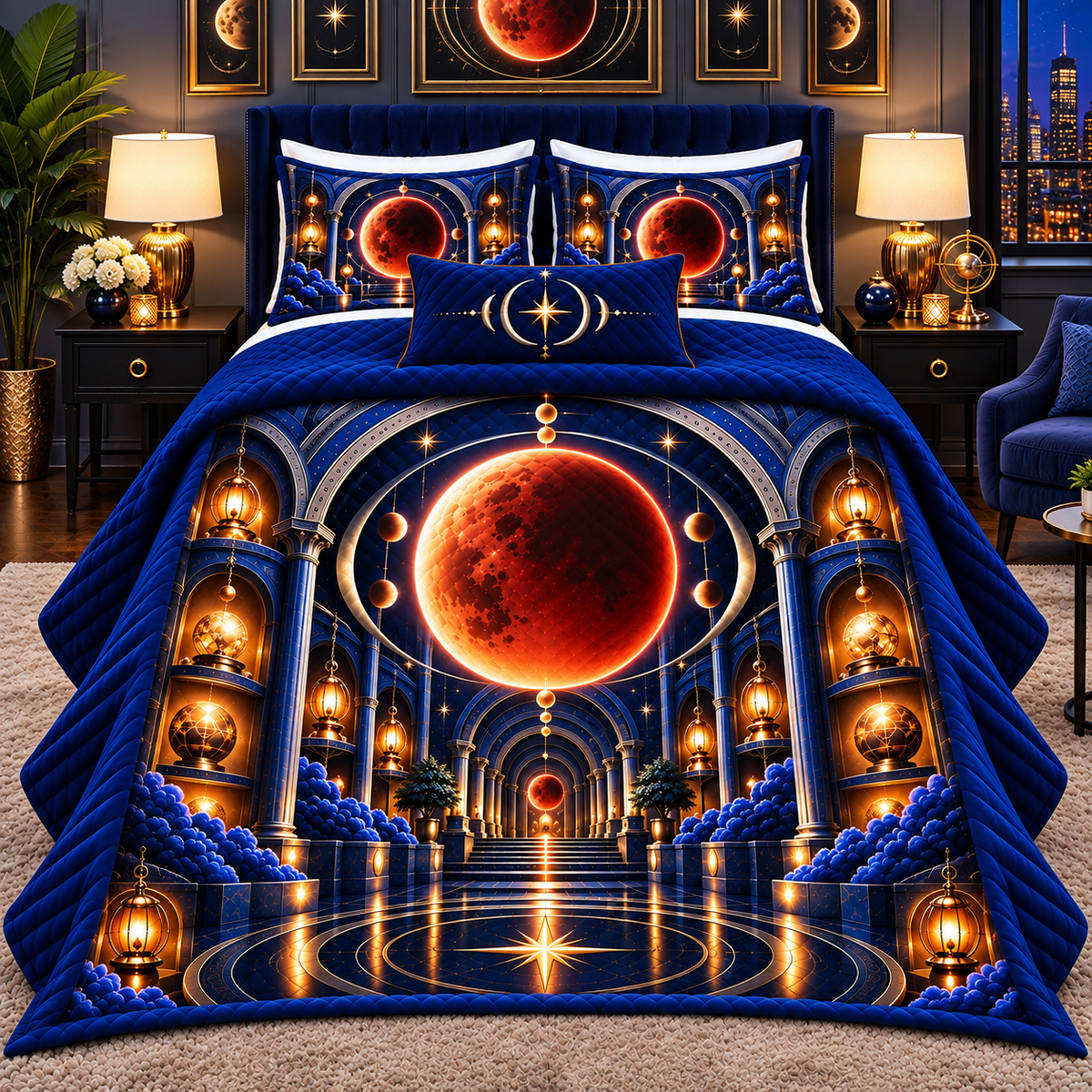 Lunar Eclipse Loft Gallery Quilted Bedding Set with printed optical 3D artwork in its use setting