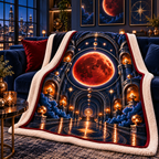 Lunar Eclipse Loft Gallery Sherpa & Fleece Blanket with printed optical 3D artwork in its use setting