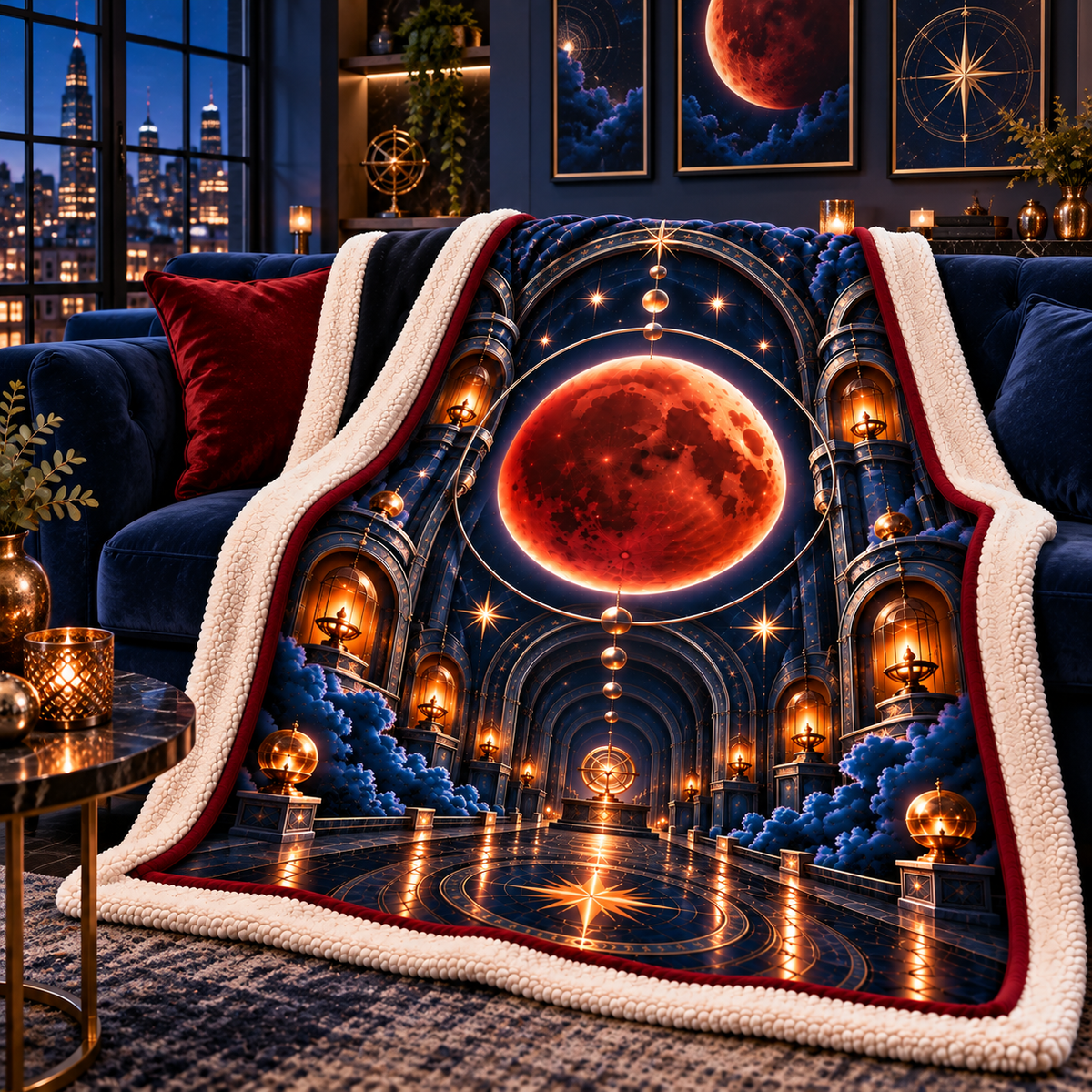 Lunar Eclipse Loft Gallery Sherpa & Fleece Blanket with printed optical 3D artwork in its use setting