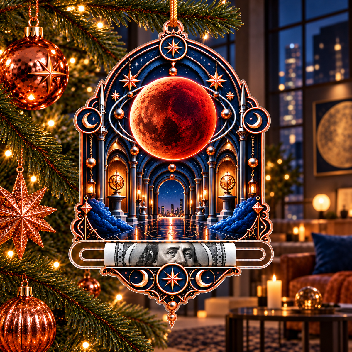 Lunar Eclipse Loft Gallery Acrylic Cash Holder Ornament with printed optical 3D artwork in its use setting