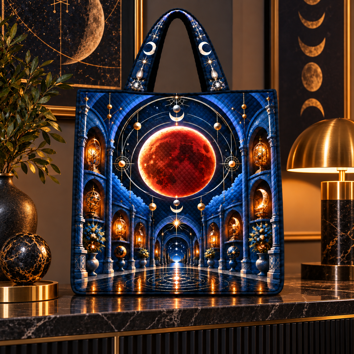 Lunar Eclipse Loft Gallery Quilted Cushion Cover with printed optical 3D artwork in its use setting
