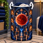 Lunar Eclipse Loft Gallery Laundry Hamper with printed optical 3D artwork in its use setting