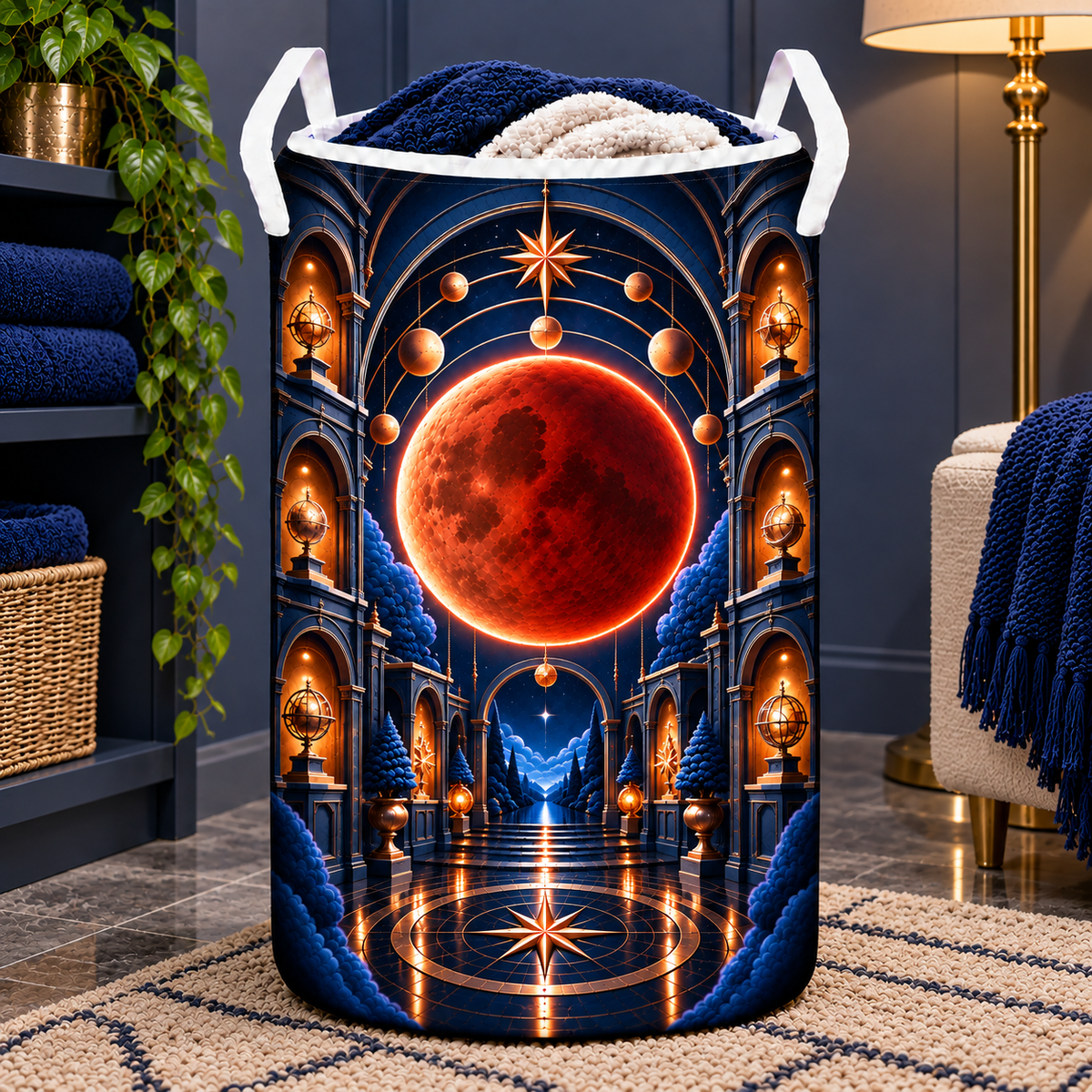 Lunar Eclipse Loft Gallery Laundry Hamper with printed optical 3D artwork in its use setting