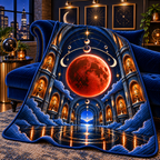 Lunar Eclipse Loft Gallery Quilt Blanket with printed optical 3D artwork in its use setting