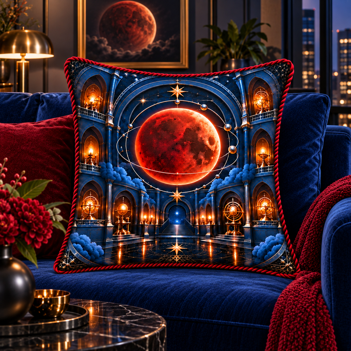 Lunar Eclipse Loft Gallery Quilted Tote Bag with printed optical 3D artwork in its use setting