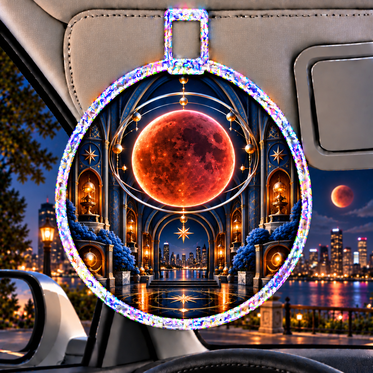 Lunar Eclipse Loft Gallery Holographic Car Visor Clip with printed optical 3D artwork in its use setting