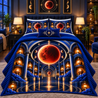Lunar Eclipse Artisan Studio Quilted Bedding Set with printed optical 3D artwork in its use setting