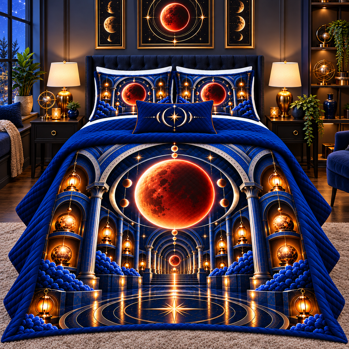 Lunar Eclipse Artisan Studio Quilted Bedding Set with printed optical 3D artwork in its use setting