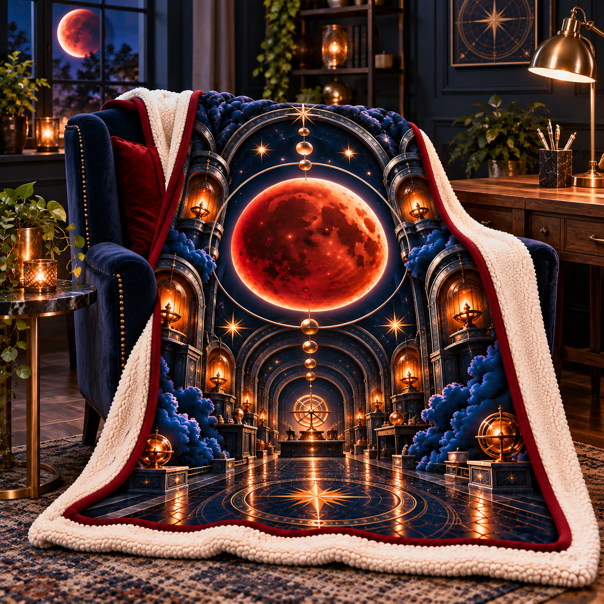 Lunar Eclipse Artisan Studio Sherpa & Fleece Blanket with printed optical 3D artwork in its use setting