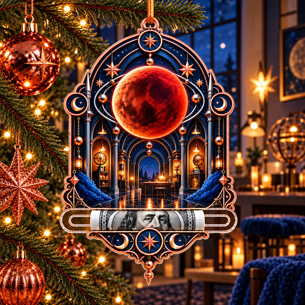 Lunar Eclipse Artisan Studio Acrylic Cash Holder Ornament with printed optical 3D artwork in its use setting