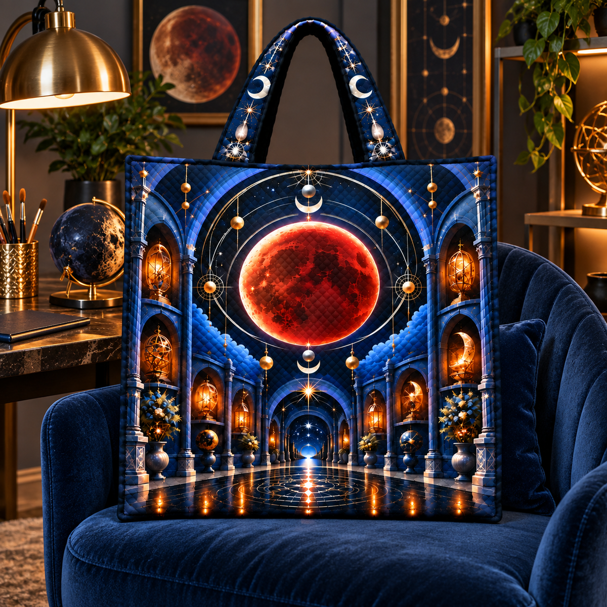 Lunar Eclipse Artisan Studio Quilted Cushion Cover with printed optical 3D artwork in its use setting