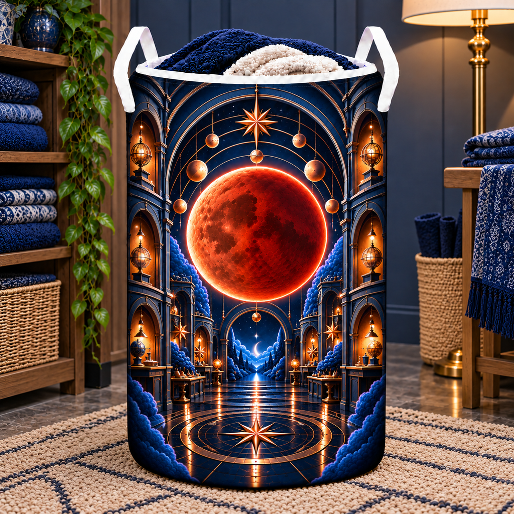 Lunar Eclipse Artisan Studio Laundry Hamper with printed optical 3D artwork in its use setting