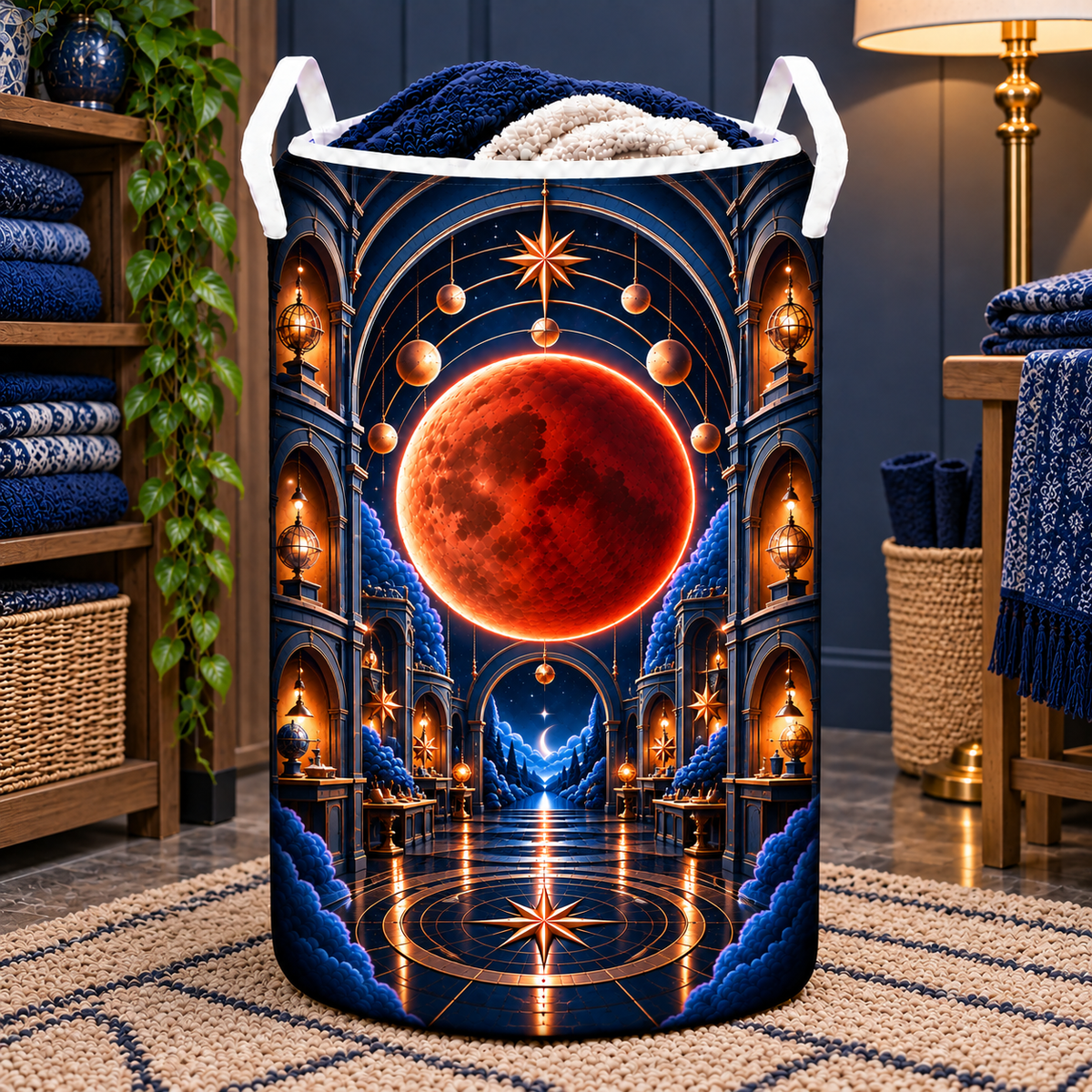 Lunar Eclipse Artisan Studio Laundry Hamper with printed optical 3D artwork in its use setting