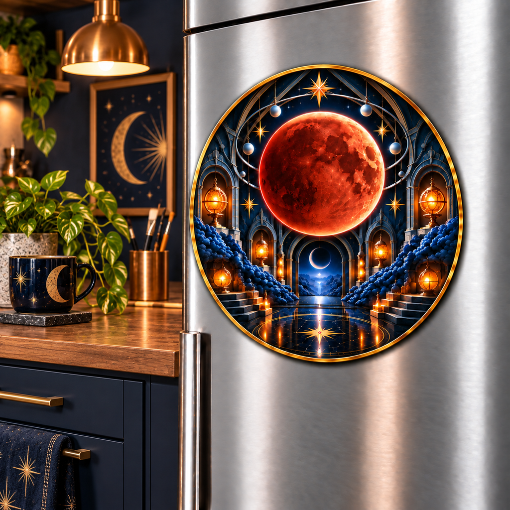 Lunar Eclipse Artisan Studio Acrylic Refrigerator Magnet with printed optical 3D artwork in its use setting