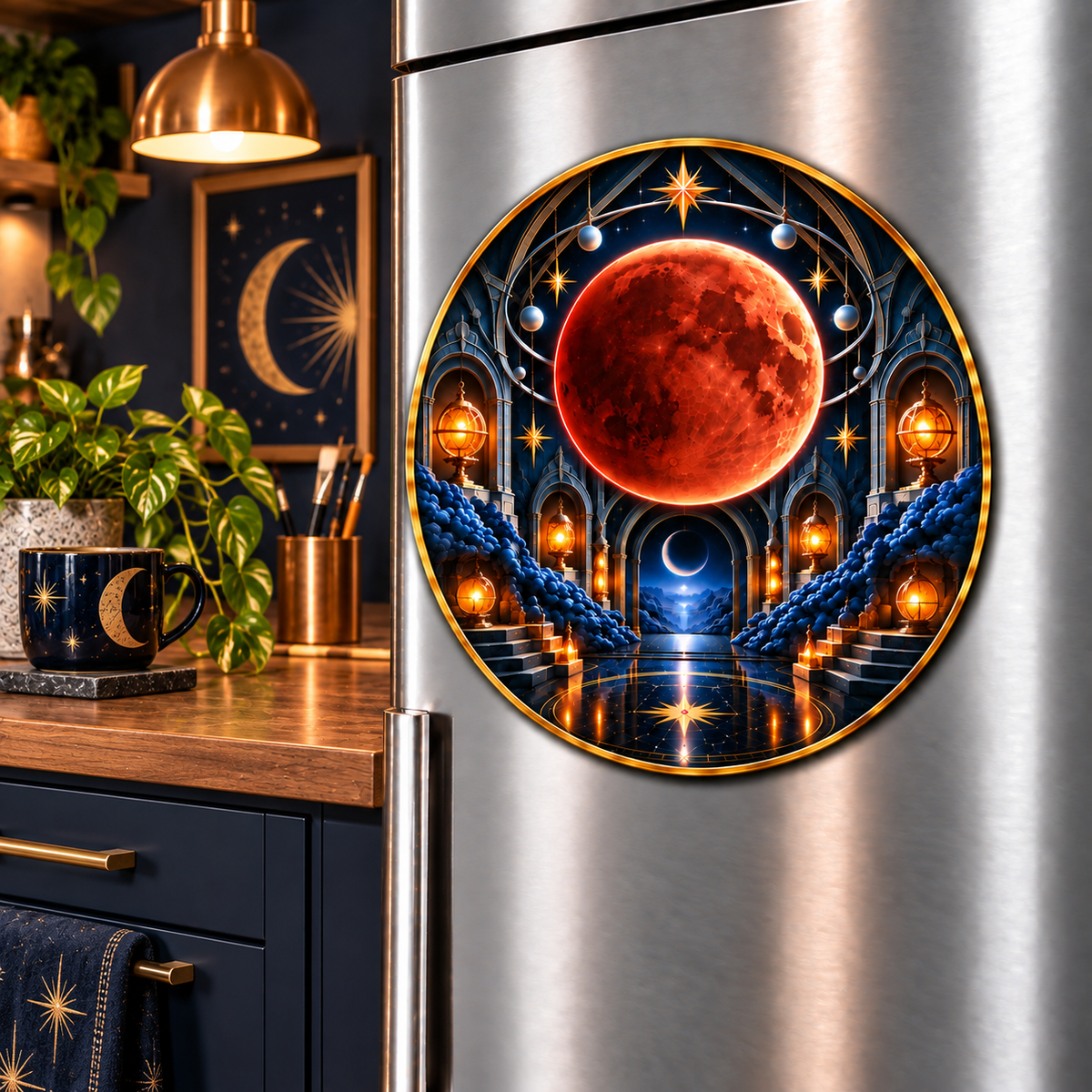 Lunar Eclipse Artisan Studio Acrylic Refrigerator Magnet with printed optical 3D artwork in its use setting