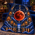 Lunar Eclipse Artisan Studio Quilt Blanket with printed optical 3D artwork in its use setting