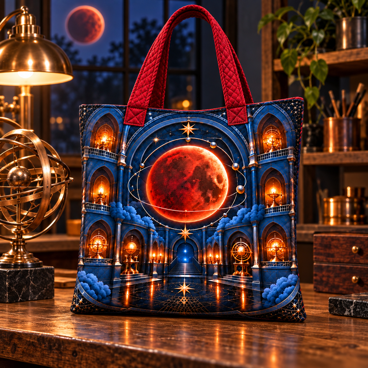 Lunar Eclipse Artisan Studio Quilted Tote Bag with printed optical 3D artwork in its use setting