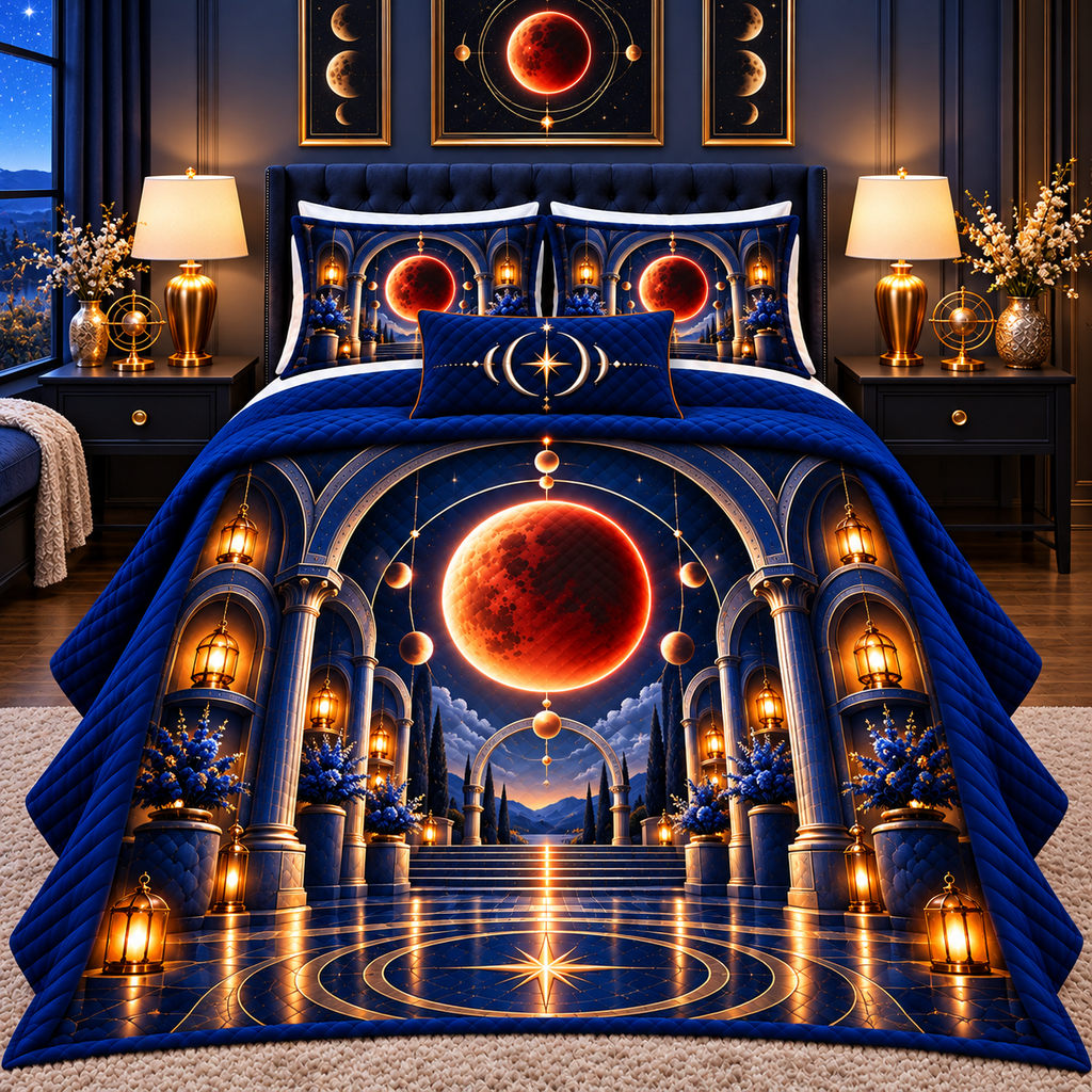 Lunar Eclipse Gracious Host Quilted Bedding Set with printed optical 3D artwork in its use setting