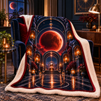Lunar Eclipse Gracious Host Sherpa & Fleece Blanket with printed optical 3D artwork in its use setting
